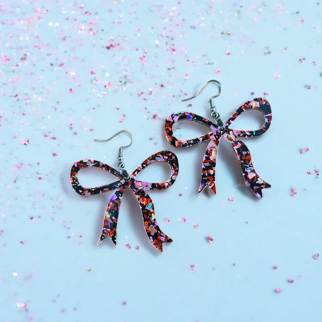 Valentine Day Pink Glitter Chunk Bow Earrings